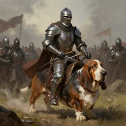 knight riding to war on a basset hound, digital painting, fantasy concept art, popular on artstation