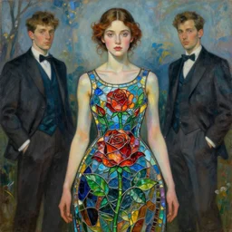 beautiful [ young ] woman wearing a dress made from stained glass in the design of a rose. painting by artgerm and greg rutkowski and ilya kuvshinov