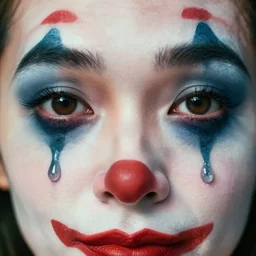 a close up of a clowns eyes with a fake tear drop on the left cheek, album cover