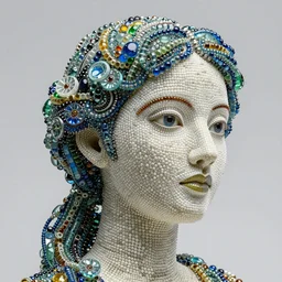an intricate and extremely detailed sculpture of a female head made of small glass beads
