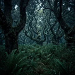 enchanted magical fantasy forest, twisting trees, thick bushes, spike - like branches, dark atmosphere by andreas rocha