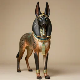 portrait photography of gorgeous female anubis jackal with human face, goddess, full body shot, oni african face, detailed face, clear eyes, clear mouth, demihuman, egyptian tatoos, egyptian body painting, ra anubis, looking towards the camera. afro style. high details, humanoid demigod.