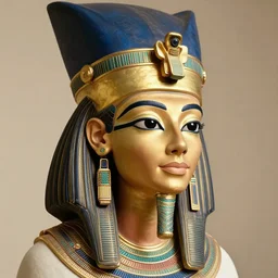 beautiful cute egyptian queen with golden crown, nefrtiti, head shot, photorealistic, single person, portrait