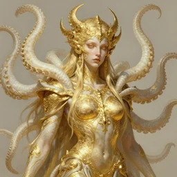 portrait of a corrupted lovecraftian golden humanoid queen in the style of god of war, 8 intricate white and gold tentacles, blonde hair, intricate, elegant, highly detailed, digital painting, artstation, concept art, smooth, sharp focus, illustration, art by artgerm and greg rutkowski and alphonse mucha, 8 k