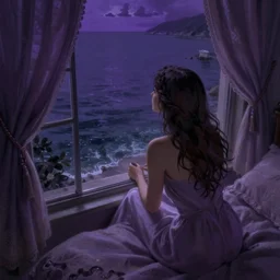 A woman looking out to sea from her bedroom, dreamlike scene, high angle shot, dark mood, purple hues, soft lighting, fantasy, intricate, elegant, highly detailed, digital painting, artstation, concept art, smooth, sharp focus, illustration, art by Krenz Cushart and Artem Demura and alphonse mucha