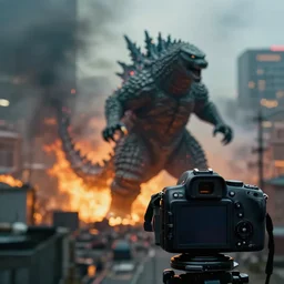 godzilla terrorizing a city on fire, clear focus, bokeh effect, high res, hasselblad, dslr, professional, cinematic