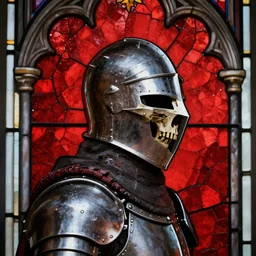 side - view portrait of a knight, kaldor helmet with spikes on top, human skull visor, gothic stained glass window, red mosaic background, very masterful