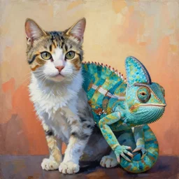 painting of crossbred between cat & chameleon, by zdzislaw beksinski, by francis barlow, cold hue's, warm tone gradient background, concept art, nature painting, beautiful composition