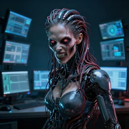 a terrifying cybernetic woman, wires for hair, glowing eyes, razor sharp teeth, horror, computers, studio lighting, 8 5 mm f / 1. 8, cyberpunk, art by, masterpiece, trending, highly detailed, realistic, by basil gogos, by bernie wrightson, by graham ingels