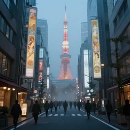 a street in tokyo, misty evening, fantasy art, highly detailed matte painting, low angle view, telephoto lens 2 0 0 mm, by stanley artgerm lau, greg rutkowski, thomas kinkade, alphonse mucha, loish, norman rockwell, artstation