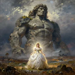 goya the colossus painting, towering stone man, atmospheric haze, stormy, tundra, hudson river school, princess in foreground, large scale
