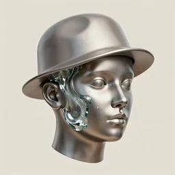 a head made out of metal and glass melting, limited neutral palette, it is wearing a hat and a veil, there are flowers all around it, blue paint melting, vogue cover style, depth of field, greg rutkowski style