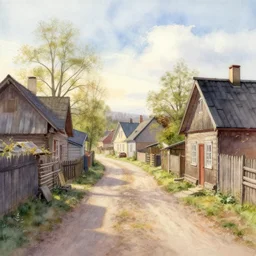 watercolor painting of rustic village street, mud, scandinavian mythology, volumetric lighting, spring early morning, late afternoon, nice weather, few clouds, realistic illustration, perfectly shaded, soft painting, art by krenz cushart and wenjun lin