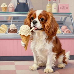 king charles spaniel serving ice cream, ice cream store, oil painting, digital art, artstation