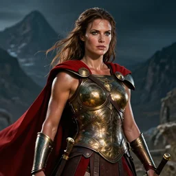 epic portrait cinematic shot an spartan woman wearing bronze armor and a red cape, wet flowing brown hair, shiny skin, muscular, mountain backround, fine details. night setting. realistic shaded lighting poster by craig mullism, artgerm, jeremy lipkin and michael garmash, unreal engine, radiant light, detailed and intricate environment, digital art, trending on art station,