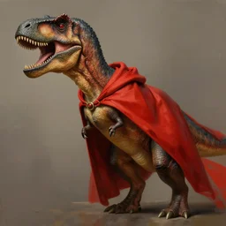 illustration of a T-Rex wearing a red cape, realistic painting, classical painting, high definition, digital art, matte painting, very detailed, realistic