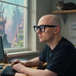 bald man with thick black glasses, blue eyes, medium close up portrait, sitting at desk, looking out window, cat on shelf, studying, fantasy city outside window, adjacent window, greg rutkowski, lofi, profile view