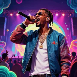 rapper yelling into microphone, on stage at festival, digital art, vapor wave, hip hop, surreal, psychedelic, trending on Artstation, professional artist, detailed, 4k