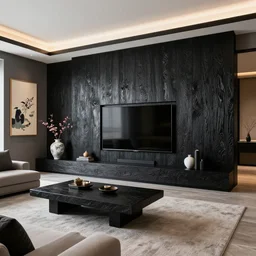 lounge room, stone, interior design, stylish luxury living room design, yakisugi, black vertical slatted timber, large tv, textures, feminine, black walls, art, japanese pottery vase with flowers, ikebana, kakejiku, japanese influences