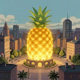 A mysterious glowing pineapple shines above a city square, dieselpunk, by Studio Ghibli and Edward Hopper