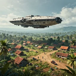a militarised spaceship parked near a a kerala village, establishing shot, action scene, photorealistic, 4k, matte painting, trending on artstation, cinematic by simon stalenhag, horizon forbidden west