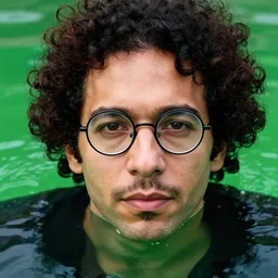 closeup potrait of a man with curly hair and round glasses swimming in green radioactive water in amsterdam, photograph, natural light, sharp, detailed face, magazine, press, photo, steve mccurry, david lazar, canon, nikon, focus