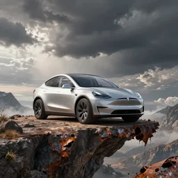 tesla car standing on a cliff rusted at the end of the world, high detail, concept art, fantasy art, computer art