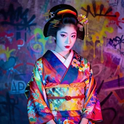 a portrait of a geisha wearing a colorful kimono with graffiti tags, volume lighting, concept art, by greg rutkowski!!, colorful, xray melting colors!!