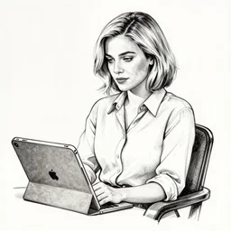 film still of brittany murphy seated in chair beside ipad, short blonde hair, beautiful face, wearing shirt, realistic proportions, ink, black and white, illustration, cinematic compo, sition, lineart, clean lines, sean phillips