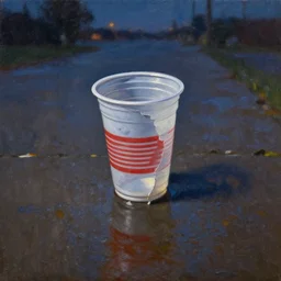 a single crushed american plastic cup on wet sidewalk as a classical painting, oil painting, epic lighting, dramatic composition, night, dusk