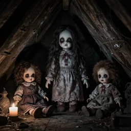dark attic with creepy dolls