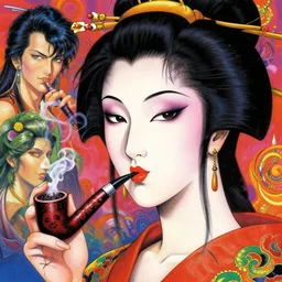 a portrait of a crackhead geisha puffing on a crack pipe, psychedelic, by takehiko inoue and kim jung gi and thomas kinkade, masterpiece illustration, realistic face and anatomy