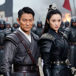 ultra high resolution portait of andy lau and aaron kwok cosplay tai warlord in crowded battlefield