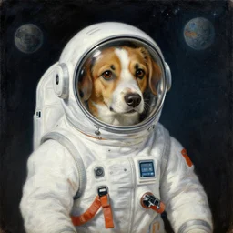 a beautiful painting, dog in a space suite, by vladimir mayakovsky, by vladimir mayakovsky, long shot