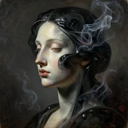 epic concept art. abstract female face silhouette mixing with black and color liquid fluid. abstract sculpture. art deco swirls. smoke simulation, vfx, cinema 4 d, tyflow. masterpiece, michelangelo. 1 7 th century french painting. concept art, matte painting. greg rutkowski, wlop, victo ngai, kandinski