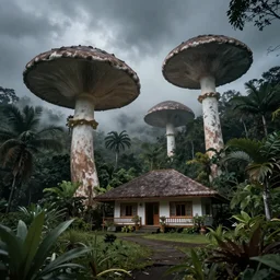 giant bell shaped mushrooms loom over a Hawaiian villa in the middle of an tropical forest, ominous Sky, gloomy atmosphere, cinematic, mist, High definition, 8k, ultra detailed