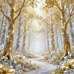 crystallized forest with gilded trees and jeweled flowers by unreal engine, photorealistic