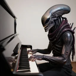 xenomorph wearing a scarf playing on a piano, photo realistic, studio lighting, award winning photography