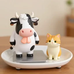 libra scale weighing pixar cow figurine and pixar cat figurine in dish
