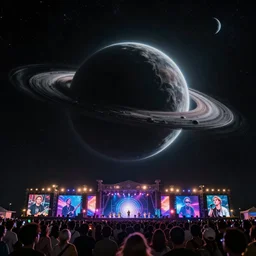 a spaceship hosting a music festival with artist from allover the galaxy, passing in front of a black hole, dark eerie photo