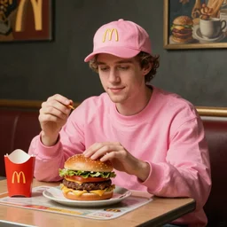 pink guy ordering a hamburger at mcdonalds, baroque style painting, 4k
