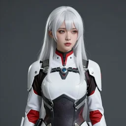 portrait of a woman by ayami kojima, she is about 2 0 years old, elven like appearance, straight white hair, very tall and slender, elegant and graceful, sad look, wearing a futuristic tactical gear colored in white and red, sharp focus, cinematic lighting, artstation hq.