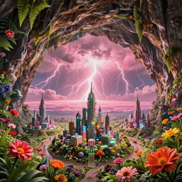 an ultra - realistic massive volume cave : 5, ; bright coloured natural flowers and ferns : 1 ; miniature tiny futuristic city : 3 ; endless plain with pink lightning clouds : 2, highly symmetrical, balanced, octane render, in the style of sahm : 3 hd, 4 k, ultra - realistic, in unreal engine