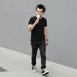 a punk rocker eating ice cream while walking down the side walk, full shot, front view, manga, slightly minimal, b & w, by inio asano, naoko takeuchi, renoir