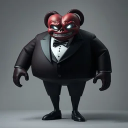 a big man in a tux with small legs, heart shaped goden mask with white lights for eyes.
