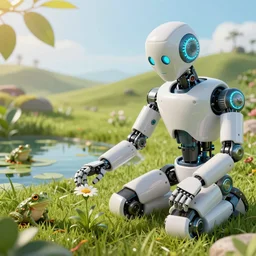 close-up of a robot sitting down, reaching to grab a single flower in the grass, utopian grassy landscape background, pond with frogs and lilypads, sun shining through the leaves, 3d render, Unreal Engine, octane render, ray tracing, Unity, highly detailed, high quality, HD, 4k, 8k, realistic, sharp, trending