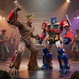 groot and optimus prime dancing at techno party among people, wide shoot, after effect, ultra realistic 3 d
