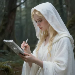 the goddess of memory inscribing silver tablets in a forest, white hood, white robes, blonde, fantasy, magical, realistic and detailed, spiritual, supernatural, intricate, elegant, highly detailed, digital painting, trending on artstation, by wlop, 4 k octane render