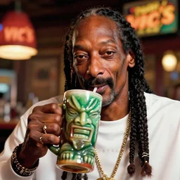 a closeup photorealistic photograph of snoop dogg at trader vic's bar holding a tiki mug with his face on it. brightly lit scene. this 4 k hd image is trending on artstation, featured on behance, well - rendered, extra crisp, features intricate detail, epic composition and the style of unreal engine.