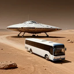 bus moves next to alien spaceship on the mars